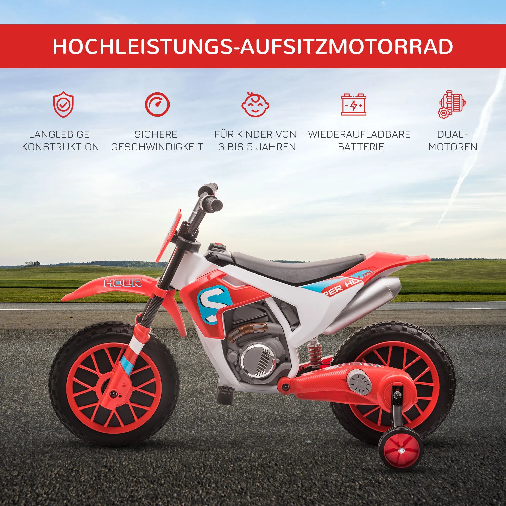 Vaikiškas elektrinis motociklas su pagalbiniais ratukais, raudonas, nuo 3 metų