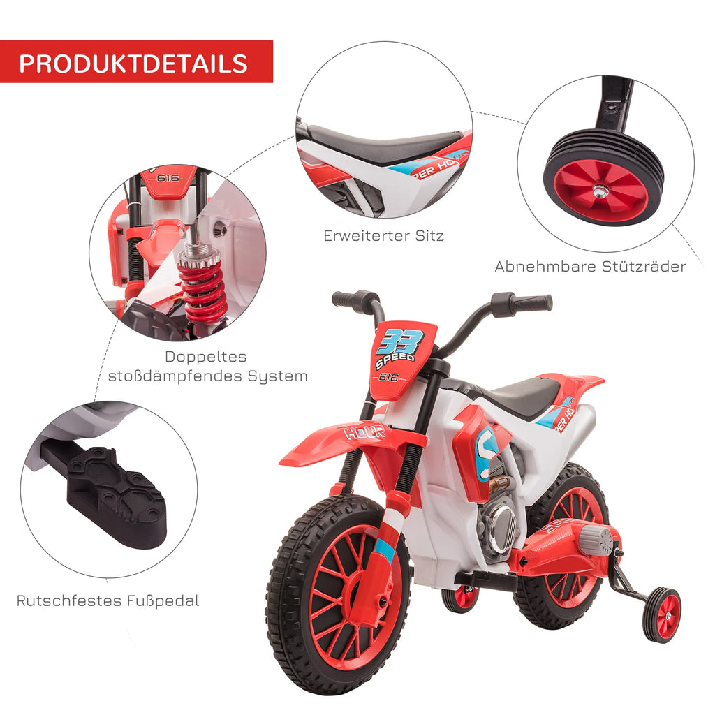 Vaikiškas elektrinis motociklas su pagalbiniais ratukais, raudonas, nuo 3 metų