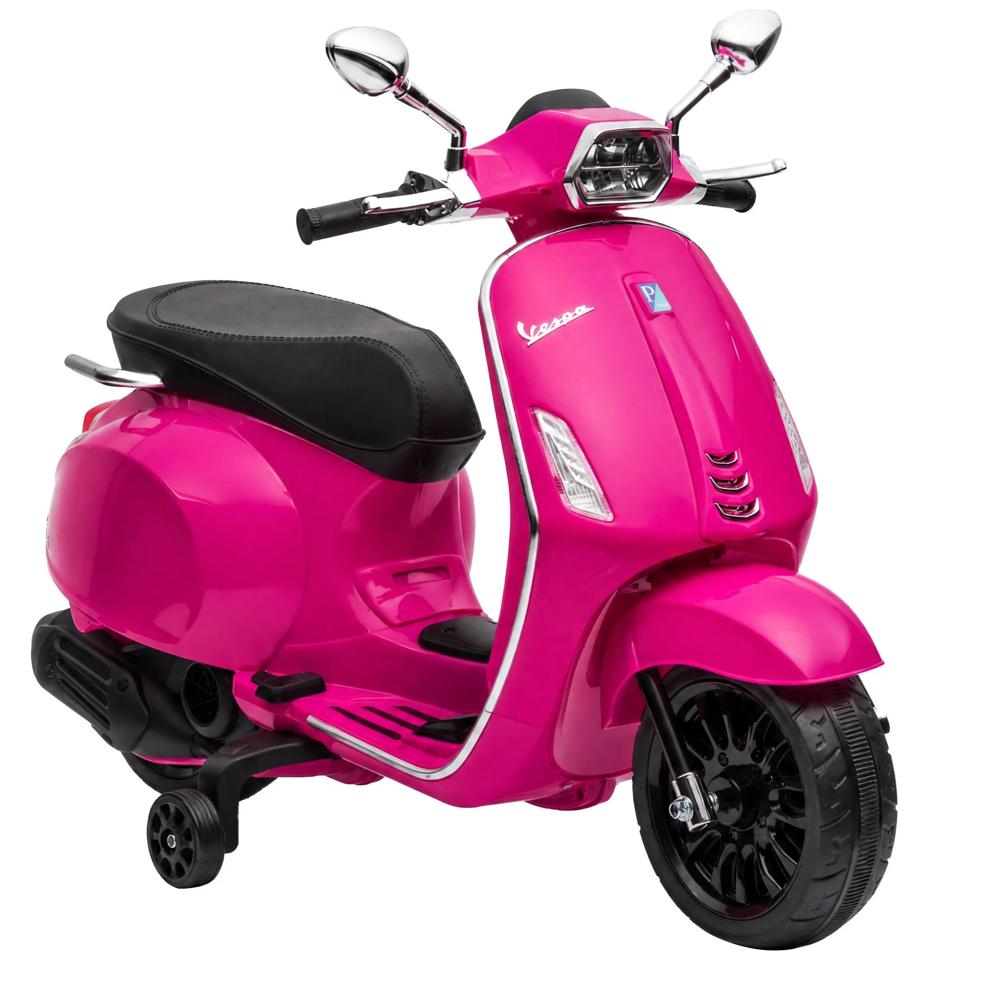 Rožinis vaikiškas elektrinis motociklas Vespa su chromuotais veidrodėliais