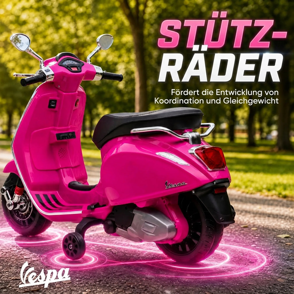 Rožinis Vespa motociklas iš galo su priekiniais atraminiais ratukais