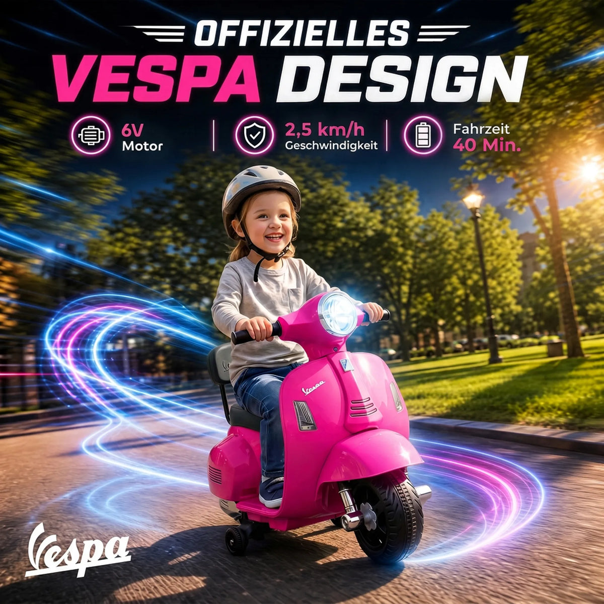 Vaikiškas elektrinis motociklas Vespa GTS, 6 V, ličio akumuliatorius, 1,5–3 metų vaikams