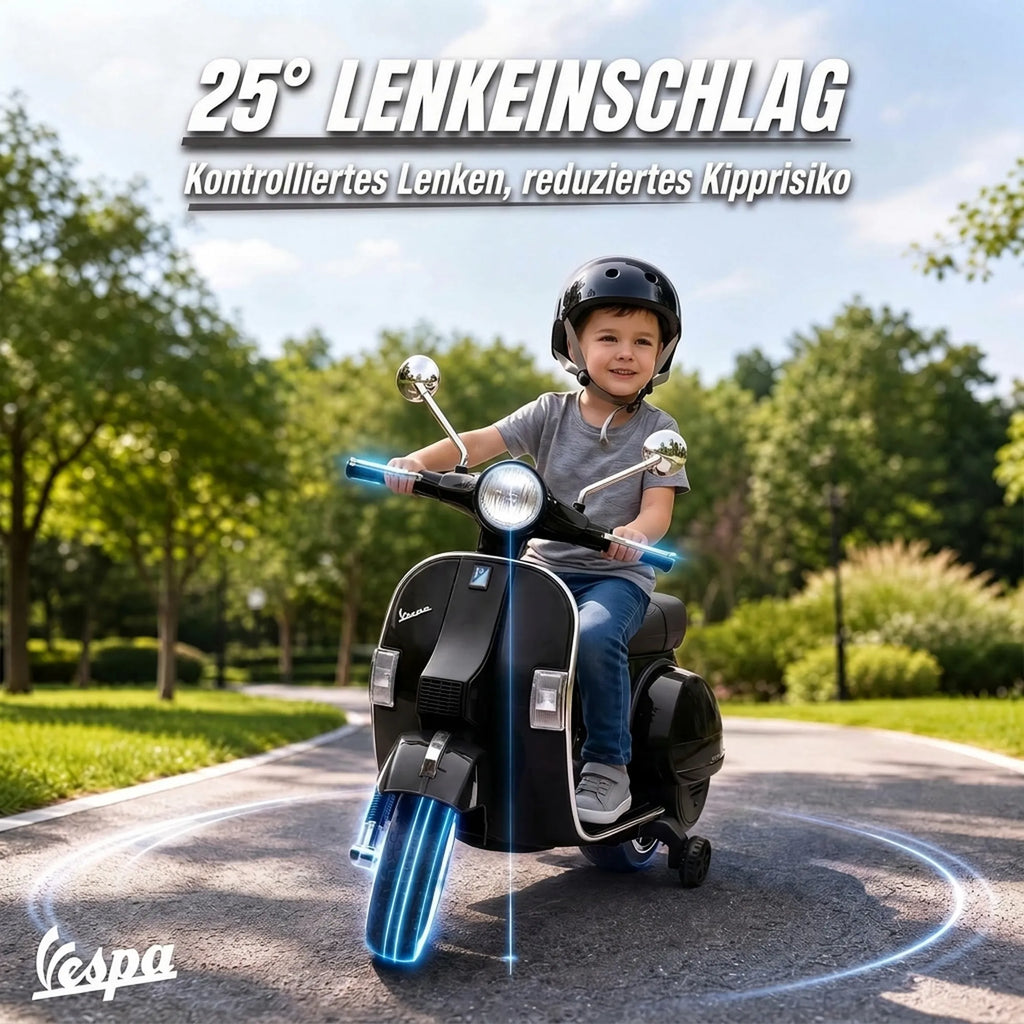 Vaikiškas elektrinis motociklas „Vespa PX150“, 12 V, 2 × 35 W, juodas