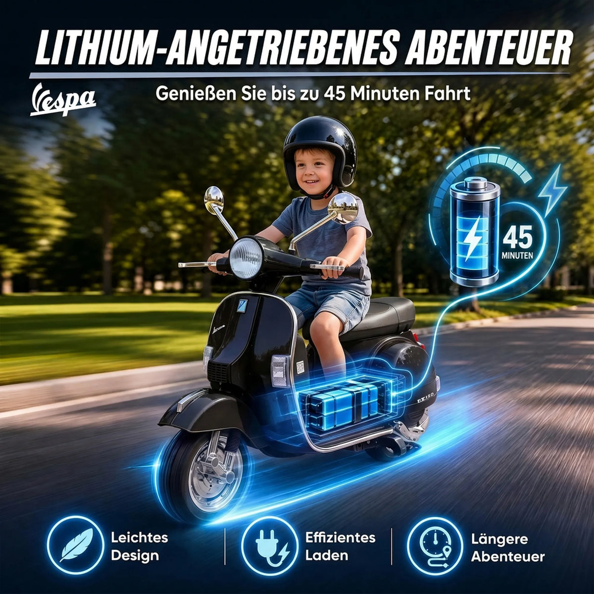 Vaikiškas elektrinis motociklas „Vespa PX150“, 12 V, 2 × 35 W, juodas