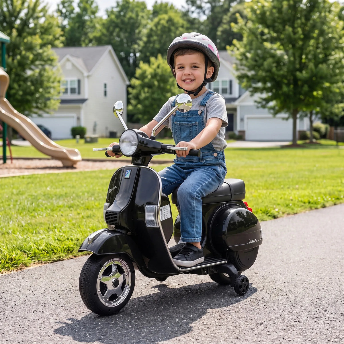 Vaikiškas elektrinis motociklas „Vespa PX150“, 12 V, 2 × 35 W, juodas