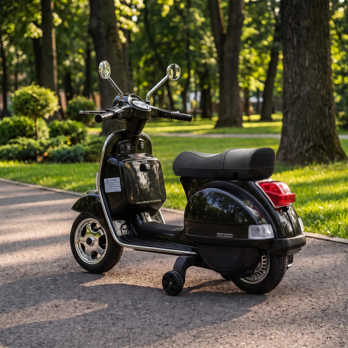 Vaikiškas elektrinis motociklas „Vespa PX150“, 12 V, 2 × 35 W, juodas