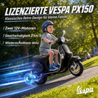 Vaikiškas elektrinis motociklas „Vespa PX150“, 12 V, 2 × 35 W, juodas