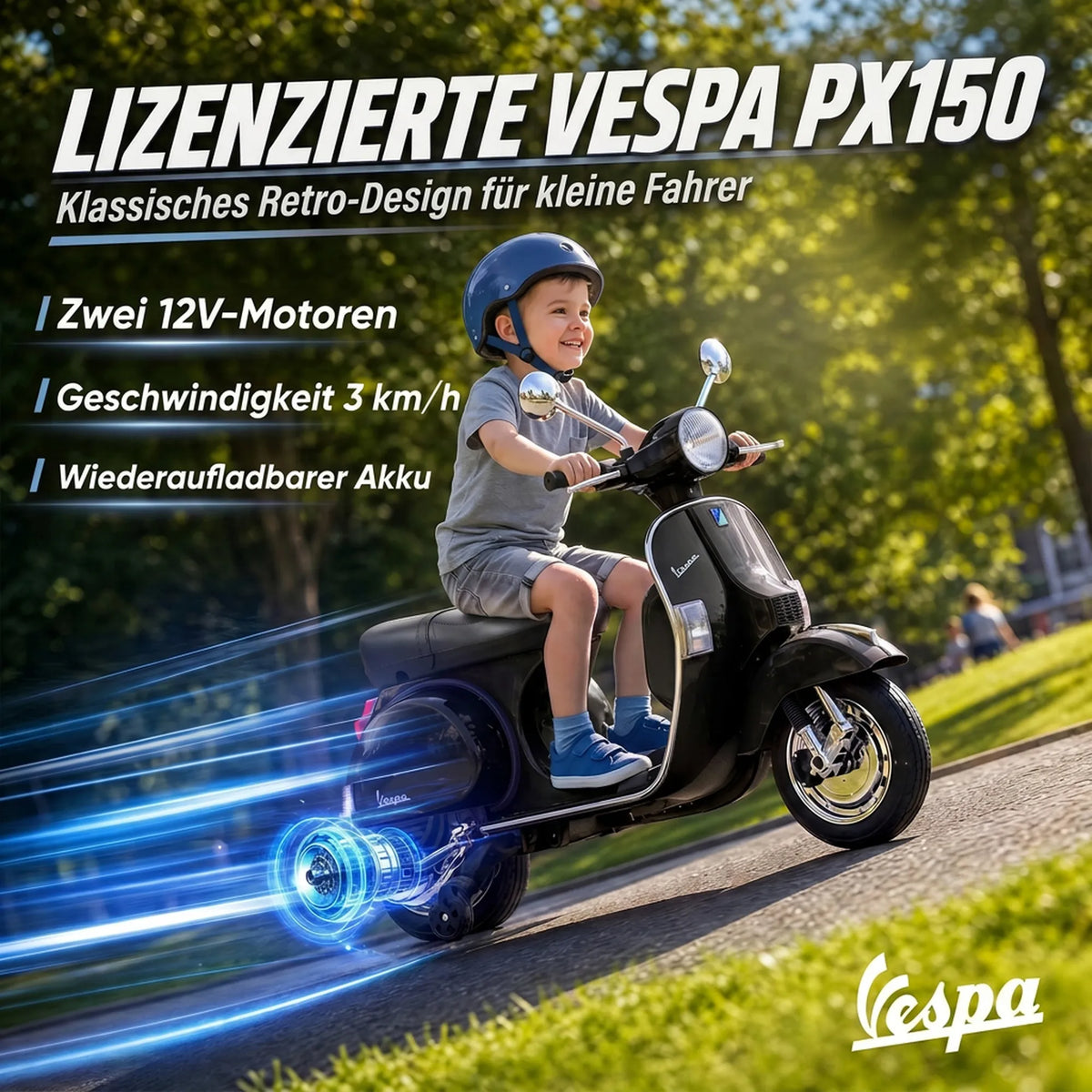 Vaikiškas elektrinis motociklas „Vespa PX150“, 12 V, 2 × 35 W, juodas
