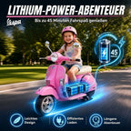 Akumuliatoriaus veikimo trukmės grafika rodoma šalia motociklu važiuojančios mergaitės