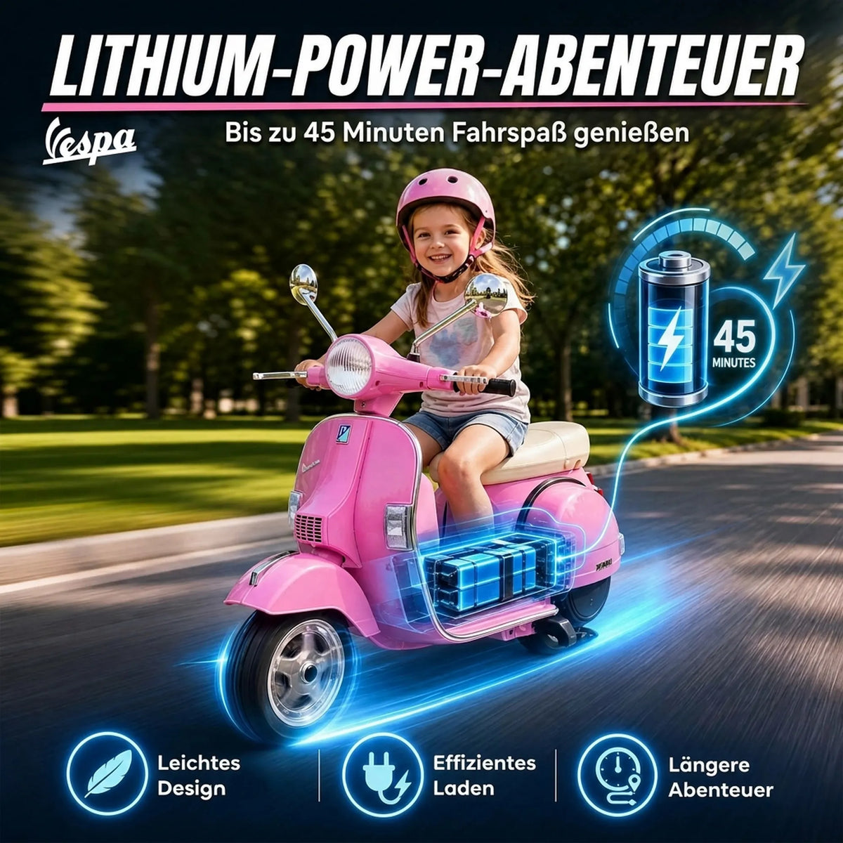 Akumuliatoriaus veikimo trukmės grafika rodoma šalia motociklu važiuojančios mergaitės