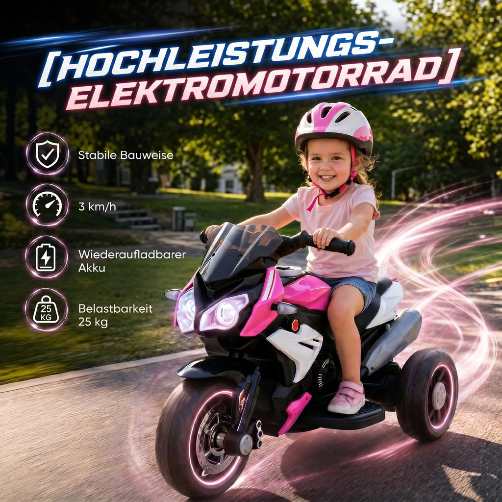 Mergaitė su rožiniu šalmu važiuoja motociklu, aplink šviesos efektas