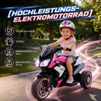 Mergaitė su rožiniu šalmu važiuoja motociklu, aplink šviesos efektas