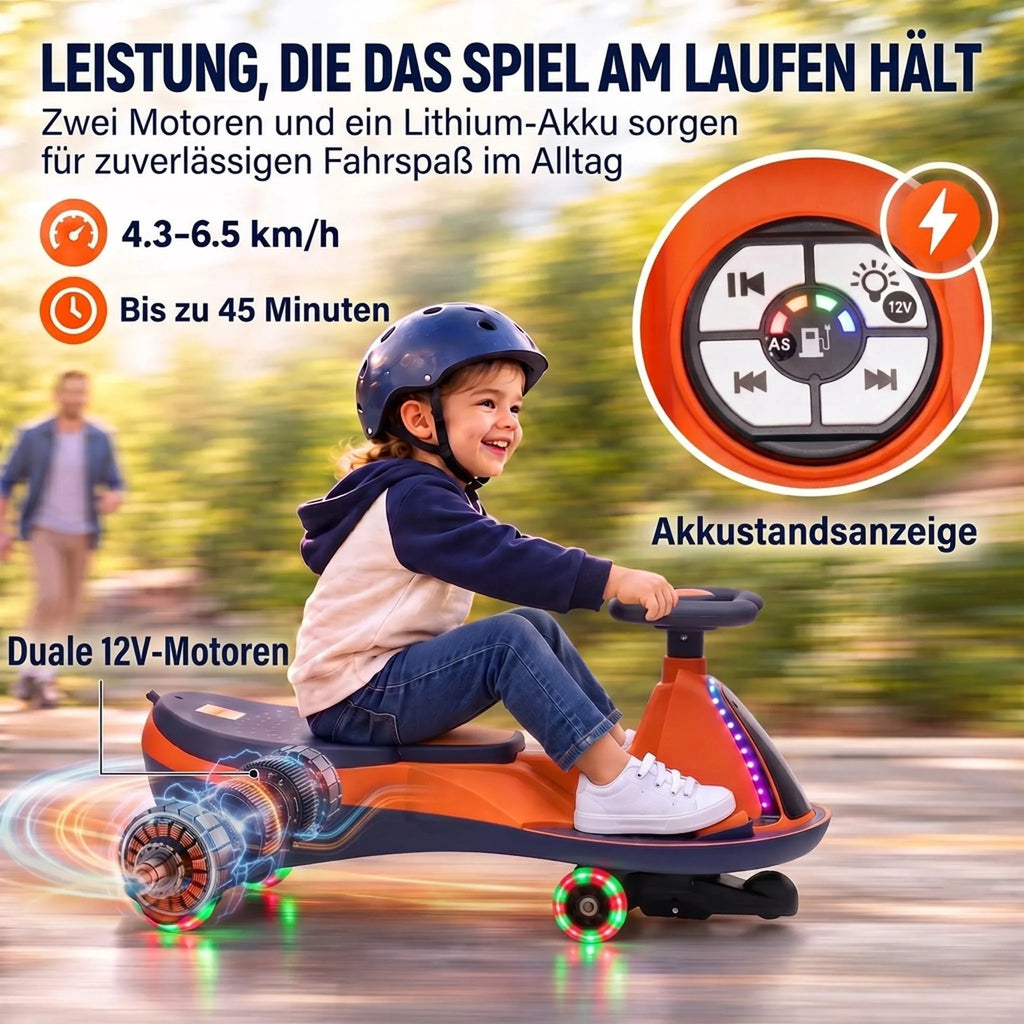 Vaikiškas elektromobilis 2 viename, 12 V, su 2 varikliais ir 360° vairavimu