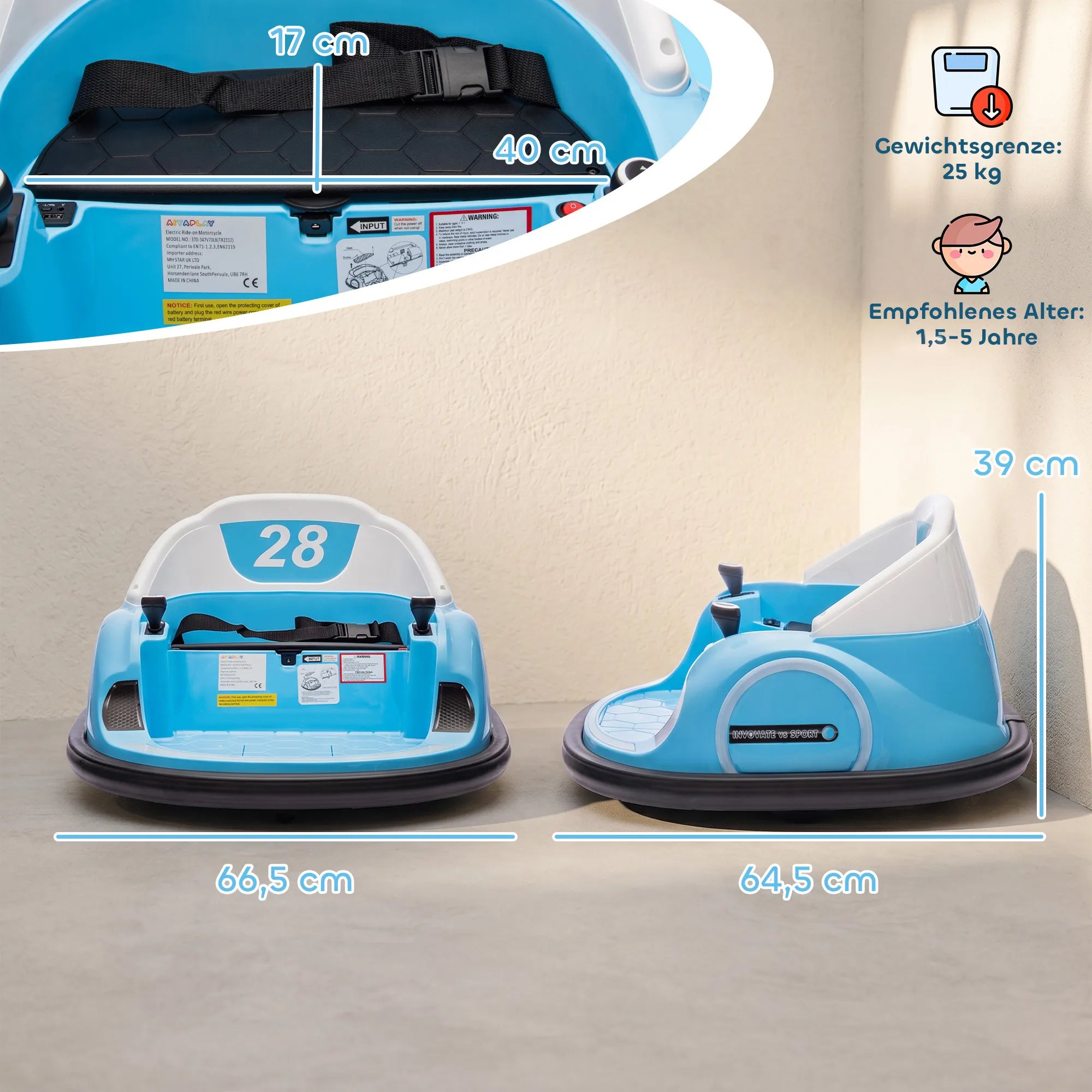 Vaikiškas elektromobilis, 360° sukimas, 2 km/h, saugos diržas, LED žibintai, mėlynas