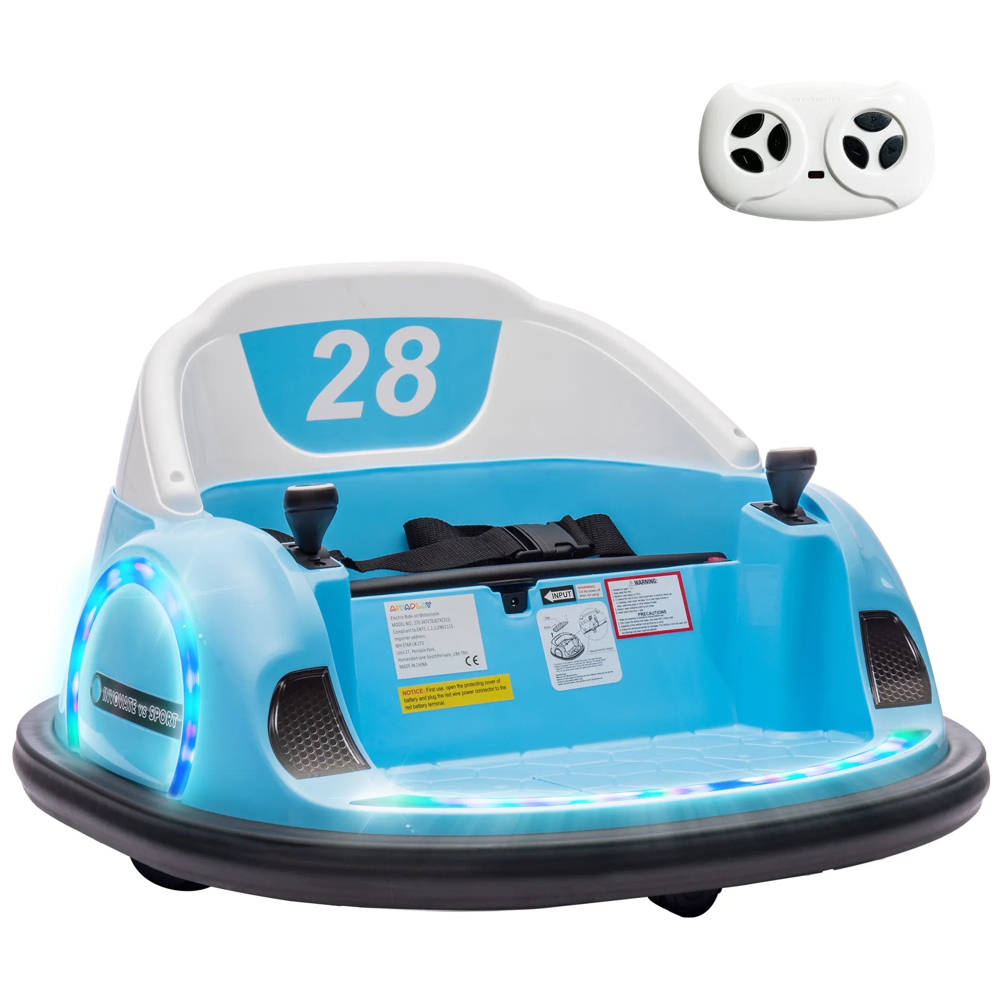 Vaikiškas elektromobilis, 360° sukimas, 2 km/h, saugos diržas, LED žibintai, mėlynas