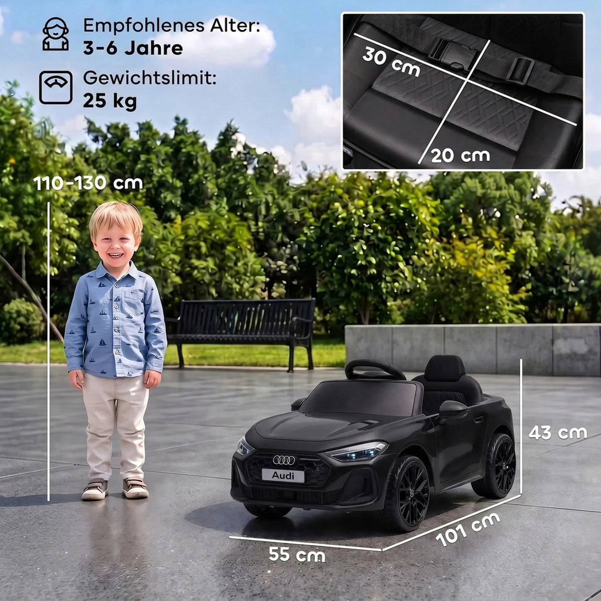 Infografika su elektromobilio matmenimis ir rekomenduojamu vaiko amžiumi