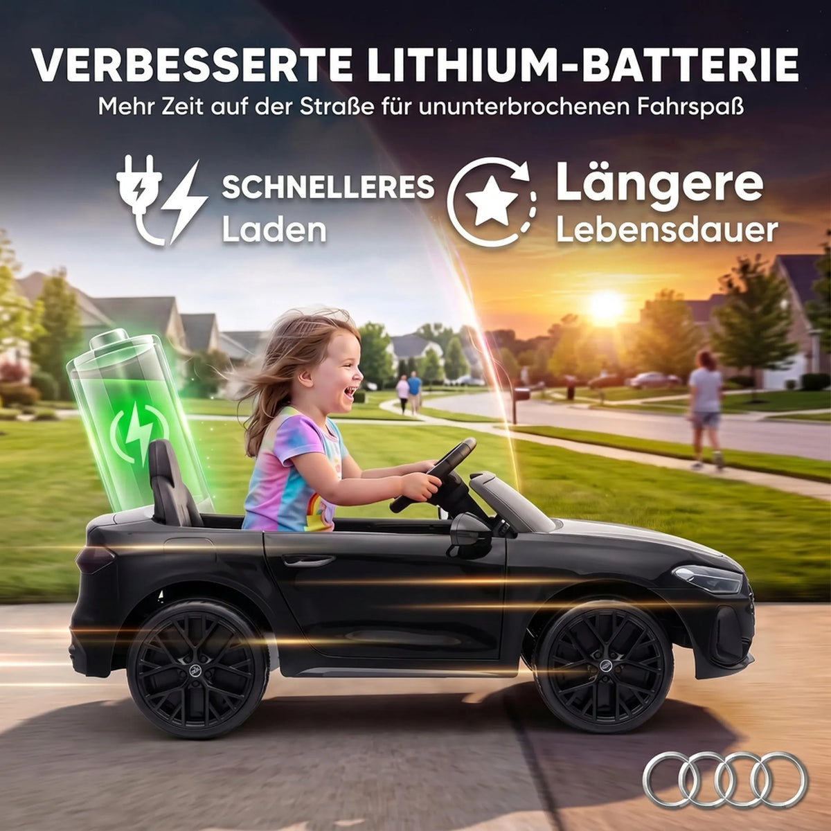 Grafika apie ličio bateriją, vaizduojanti mergaitę elektromobilyje saulėlydyje