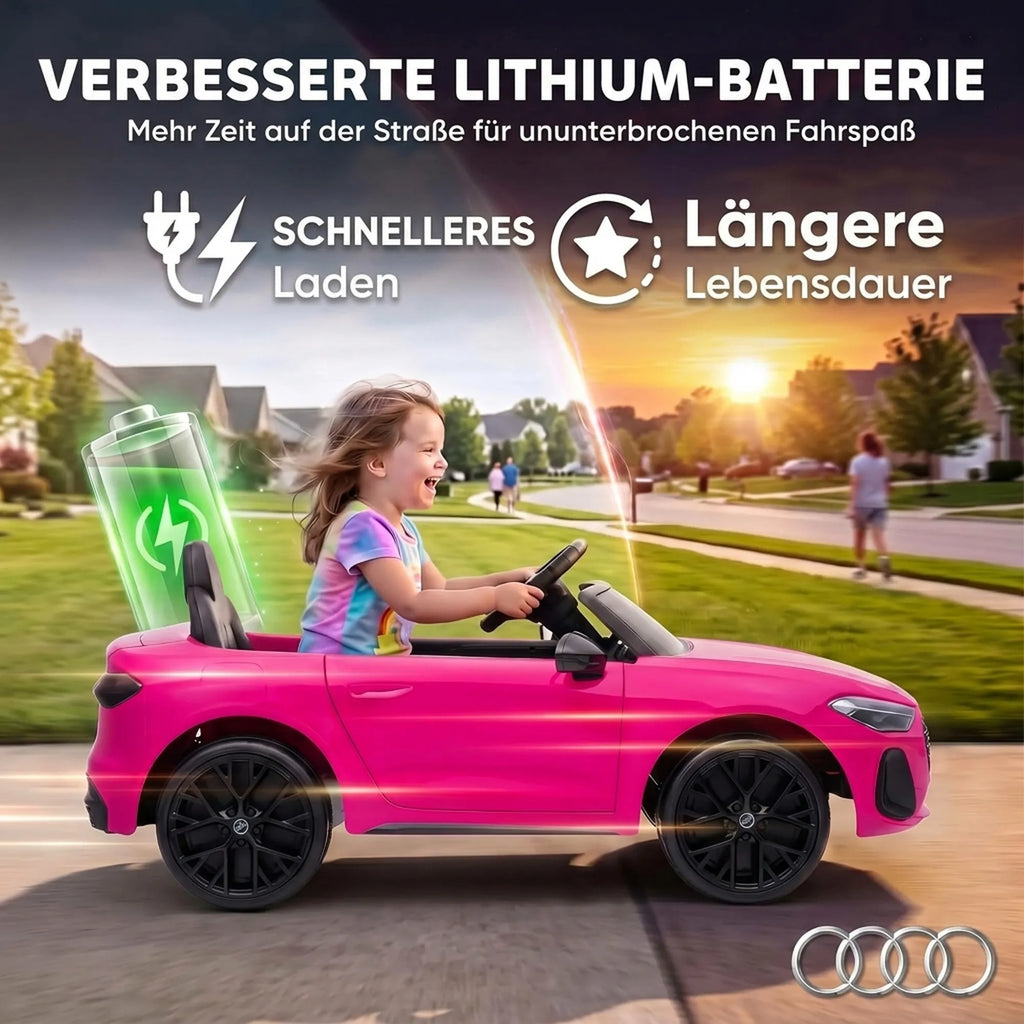Grafika apie ličio bateriją, vaizduojanti mergaitę elektromobilyje saulėlydyje