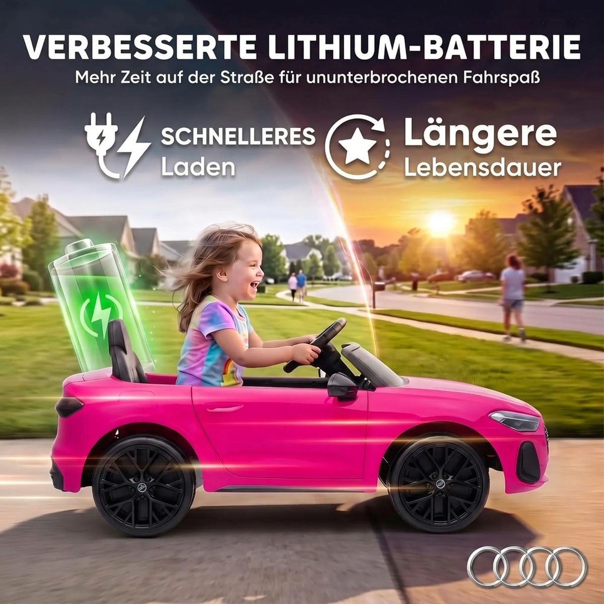 Grafika apie ličio bateriją, vaizduojanti mergaitę elektromobilyje saulėlydyje