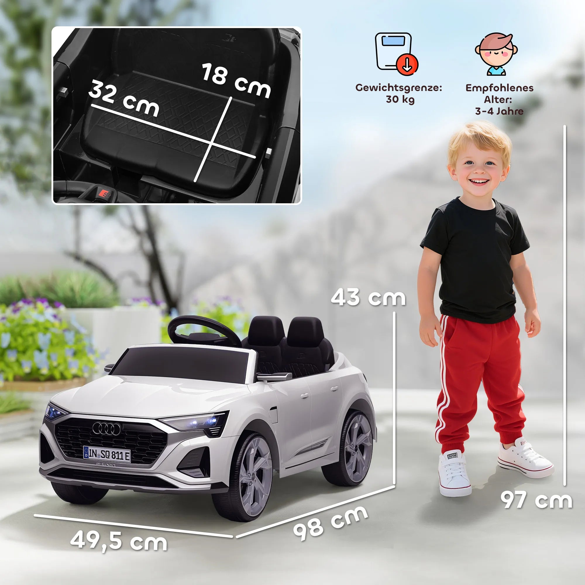 Vaikiškas elektromobilis Audi Q8 e-tron, 12V, 3–4 metų vaikams, baltas