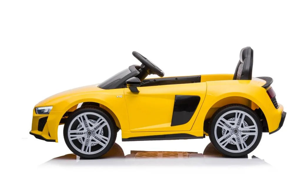 Vaikiškas elektromobilis Audi R8, 12V, su odine sėdyne ir EVA ratais, geltonas