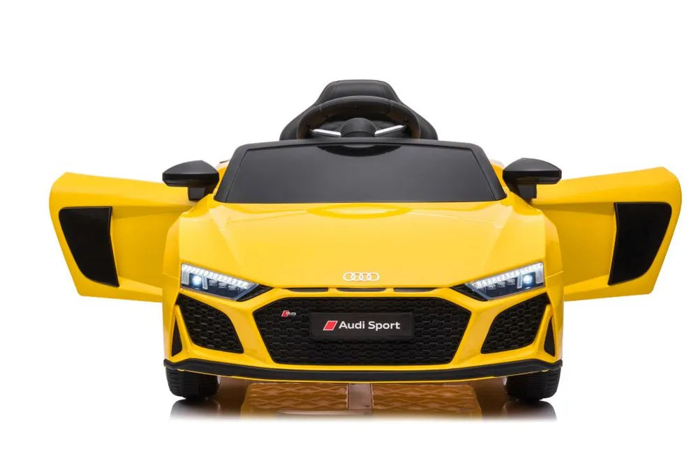Vaikiškas elektromobilis Audi R8, 12V, su odine sėdyne ir EVA ratais, geltonas