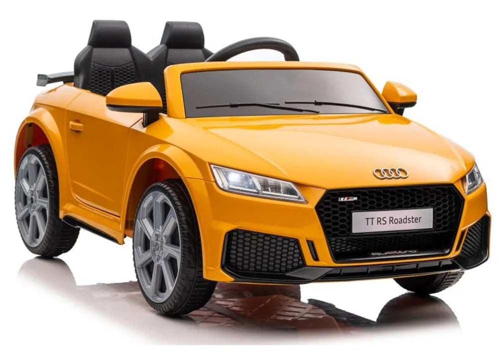 Vaikiškas elektromobilis Audi TT RS Roadster, 12 V, 2x45W, su saugos diržais ir atidaromomis durimis, geltonas