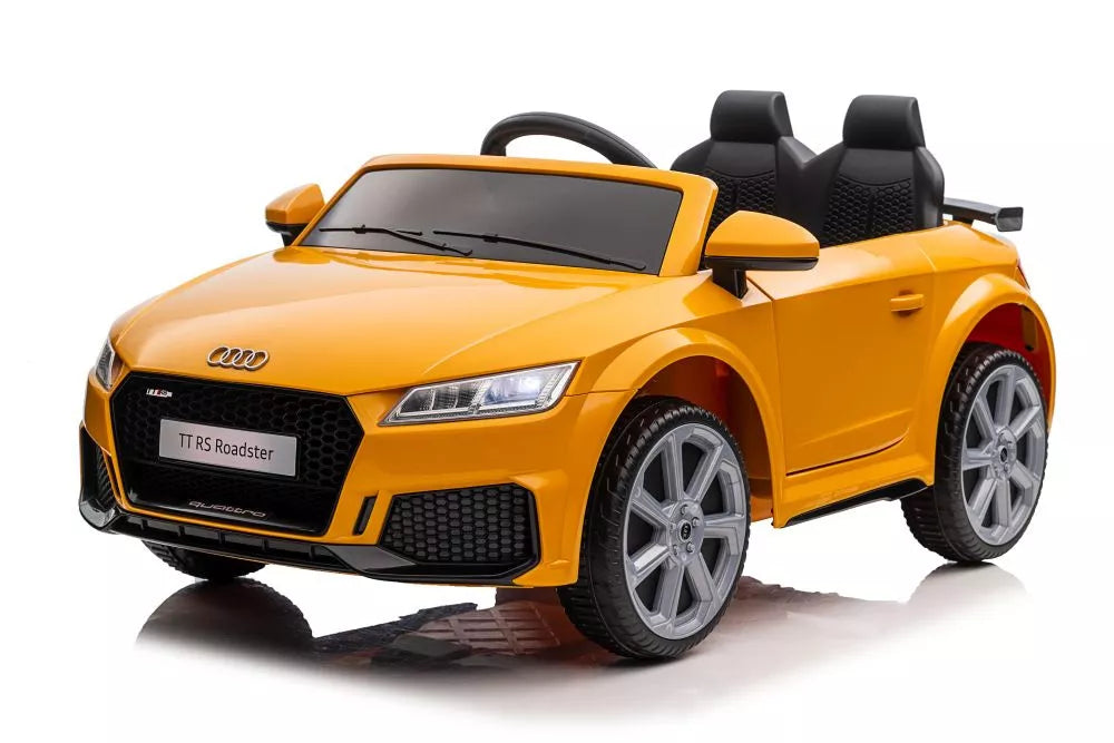 Vaikiškas elektromobilis Audi TT RS Roadster, 12 V, 2x45W, su saugos diržais ir atidaromomis durimis, geltonas