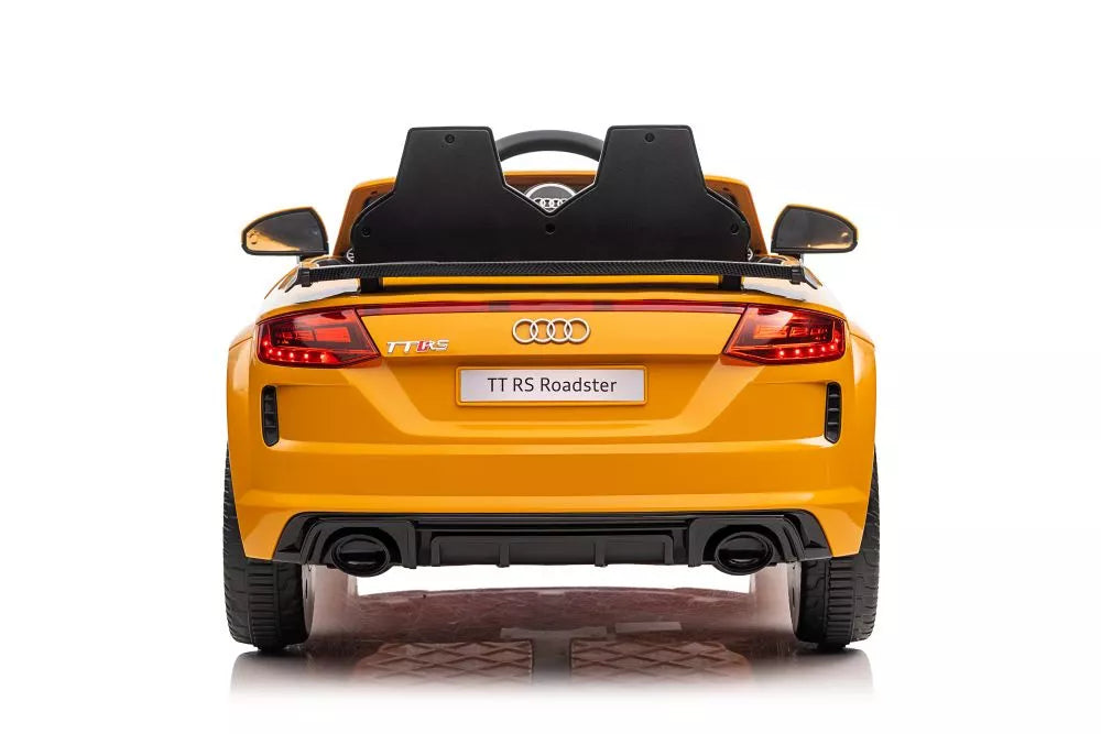 Vaikiškas elektromobilis Audi TT RS Roadster, 12 V, 2x45W, su saugos diržais ir atidaromomis durimis, geltonas