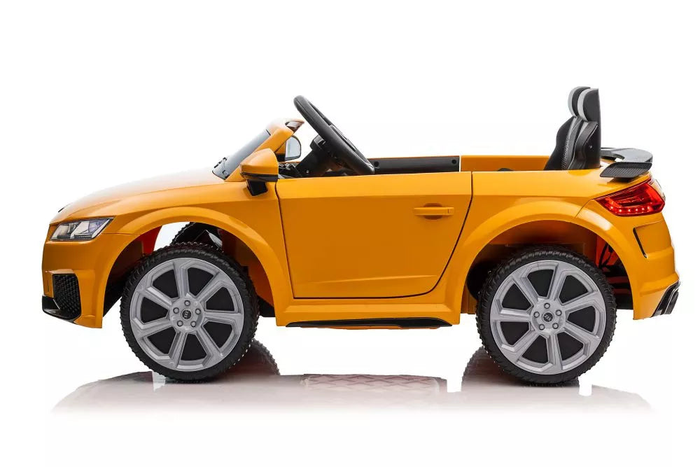 Vaikiškas elektromobilis Audi TT RS Roadster, 12 V, 2x45W, su saugos diržais ir atidaromomis durimis, geltonas