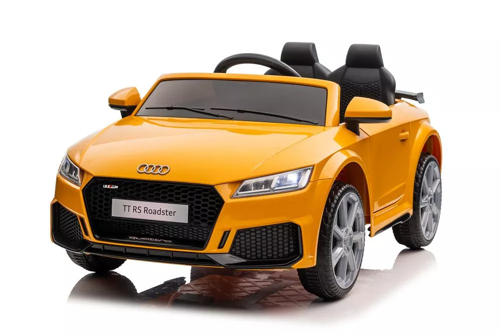 Vaikiškas elektromobilis Audi TT RS Roadster, 12 V, 2x45W, su saugos diržais ir atidaromomis durimis, geltonas