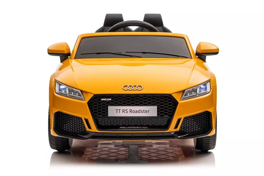 Vaikiškas elektromobilis Audi TT RS Roadster, 12 V, 2x45W, su saugos diržais ir atidaromomis durimis, geltonas