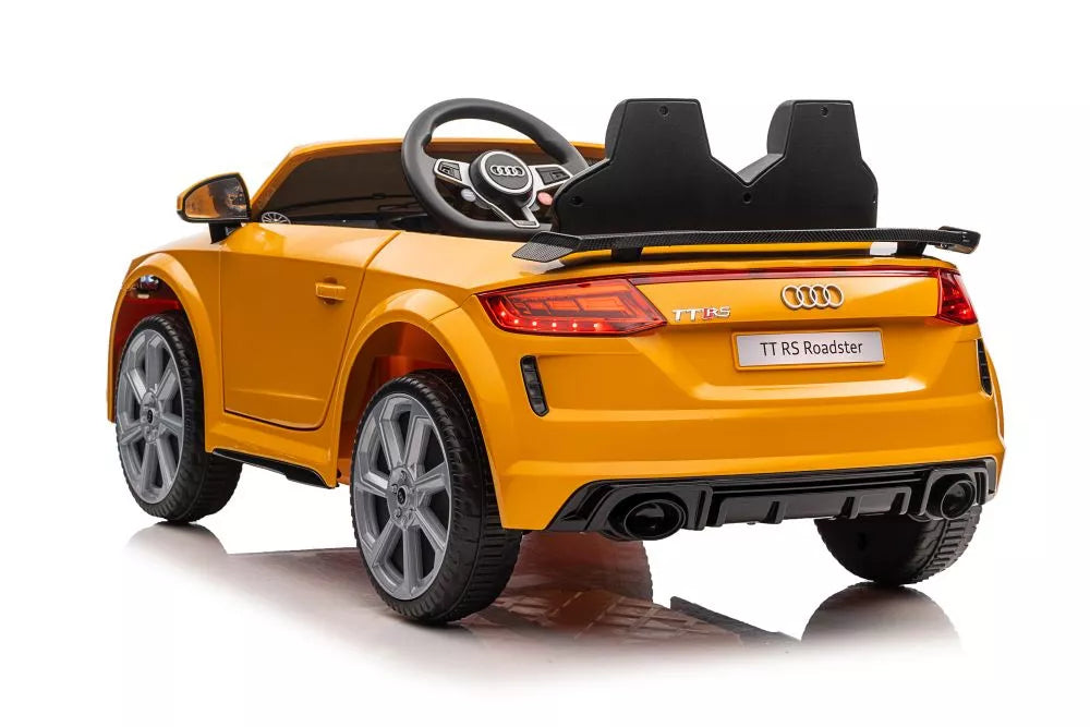 Vaikiškas elektromobilis Audi TT RS Roadster, 12 V, 2x45W, su saugos diržais ir atidaromomis durimis, geltonas