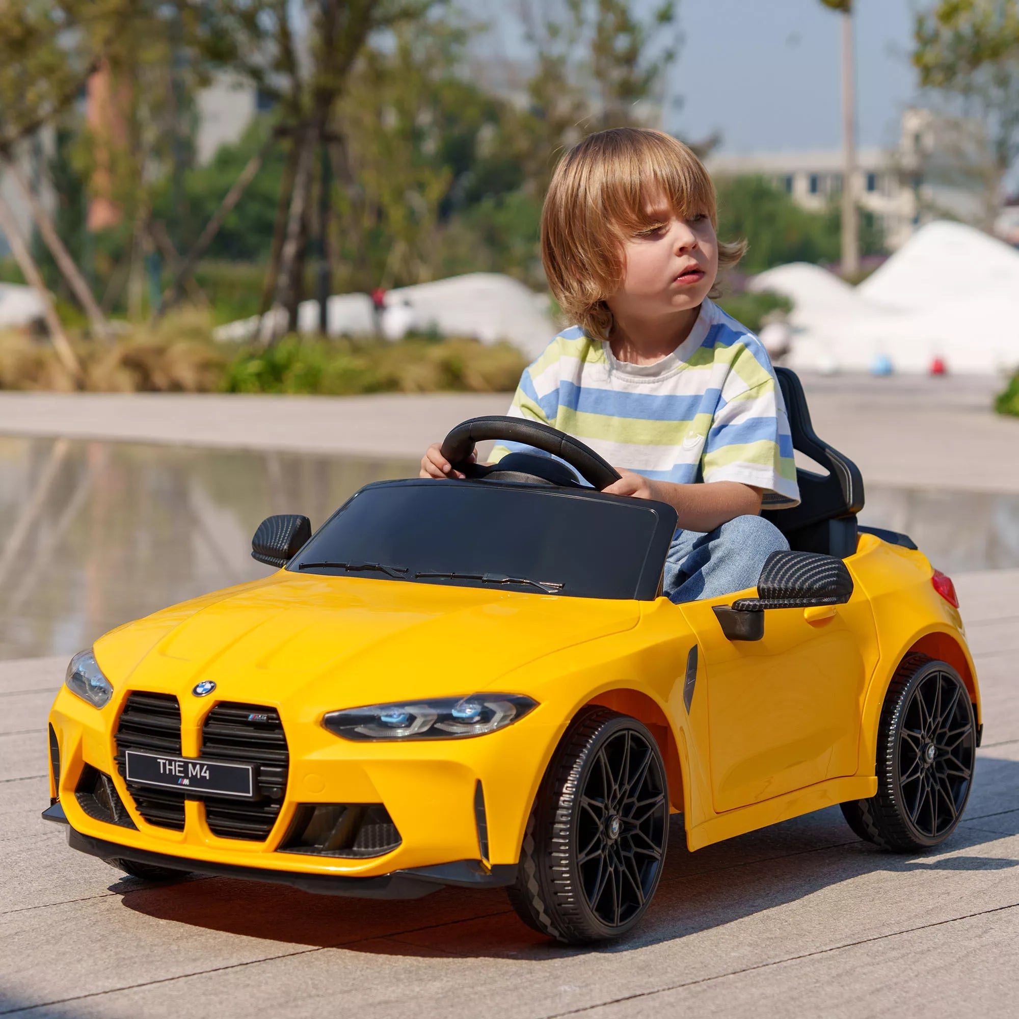 Vaikiškas elektromobilis BMW M4, 3–5 metų vaikams, geltonas