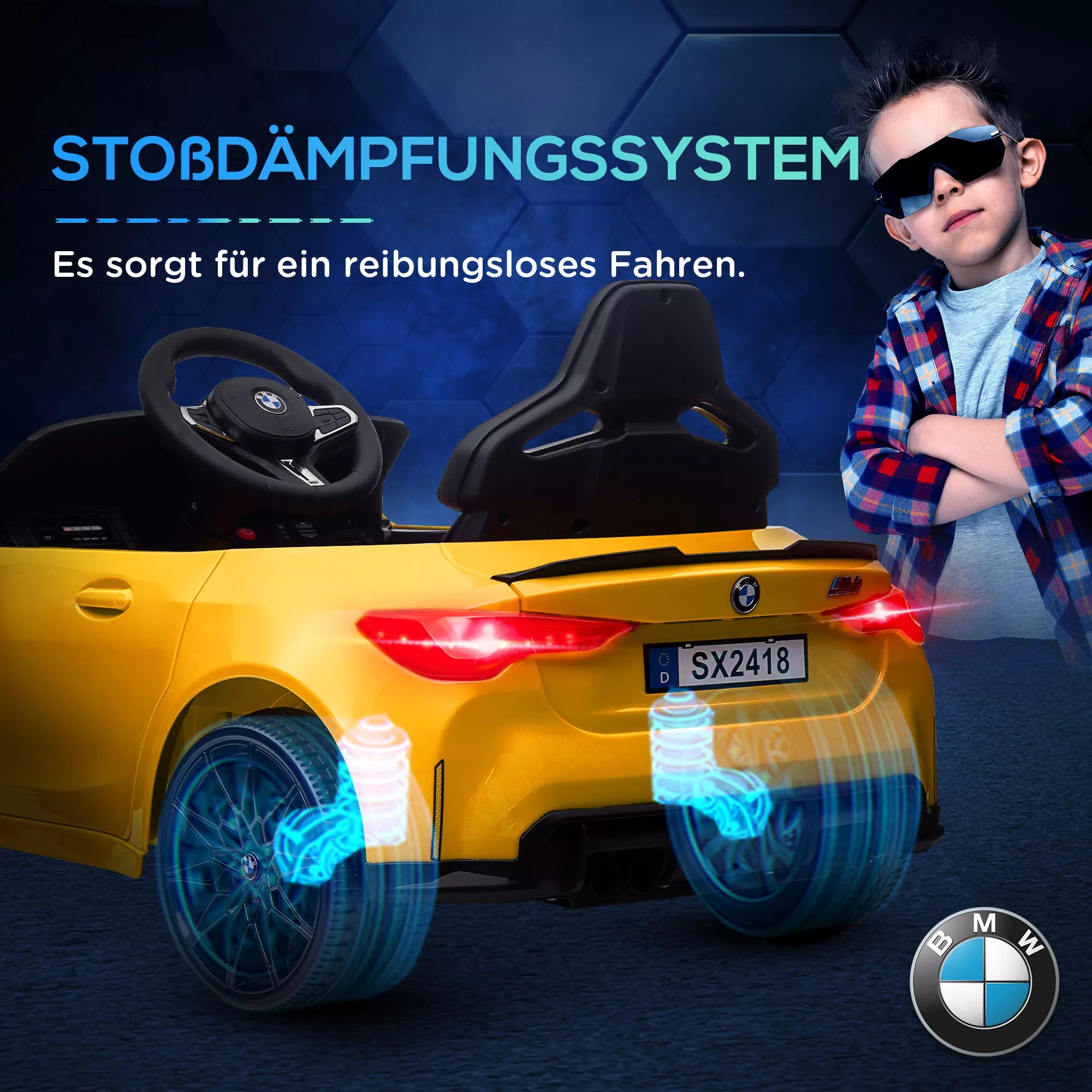 Vaikiškas elektromobilis BMW M4, 3–5 metų vaikams, geltonas