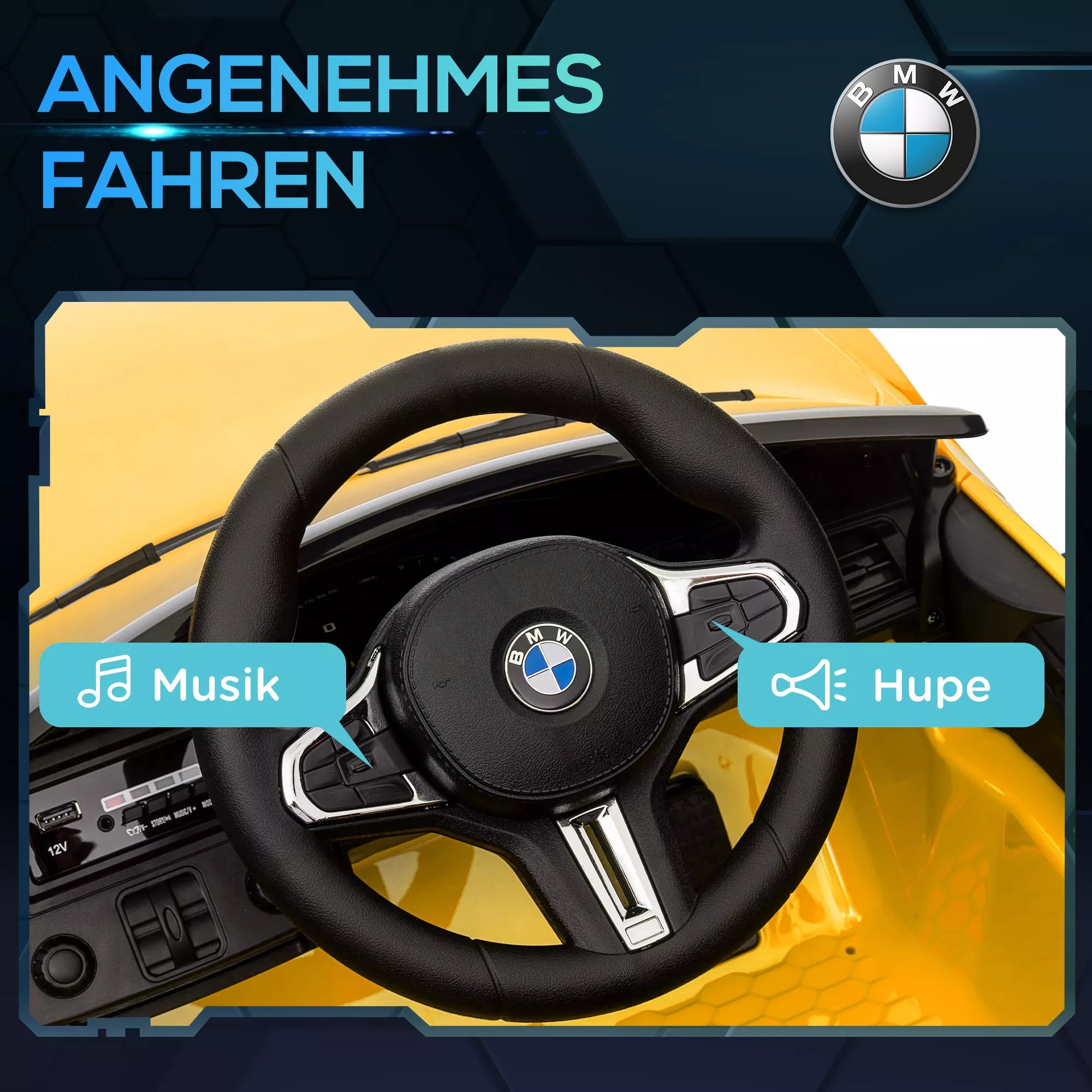Vaikiškas elektromobilis BMW M4, 3–5 metų vaikams, geltonas