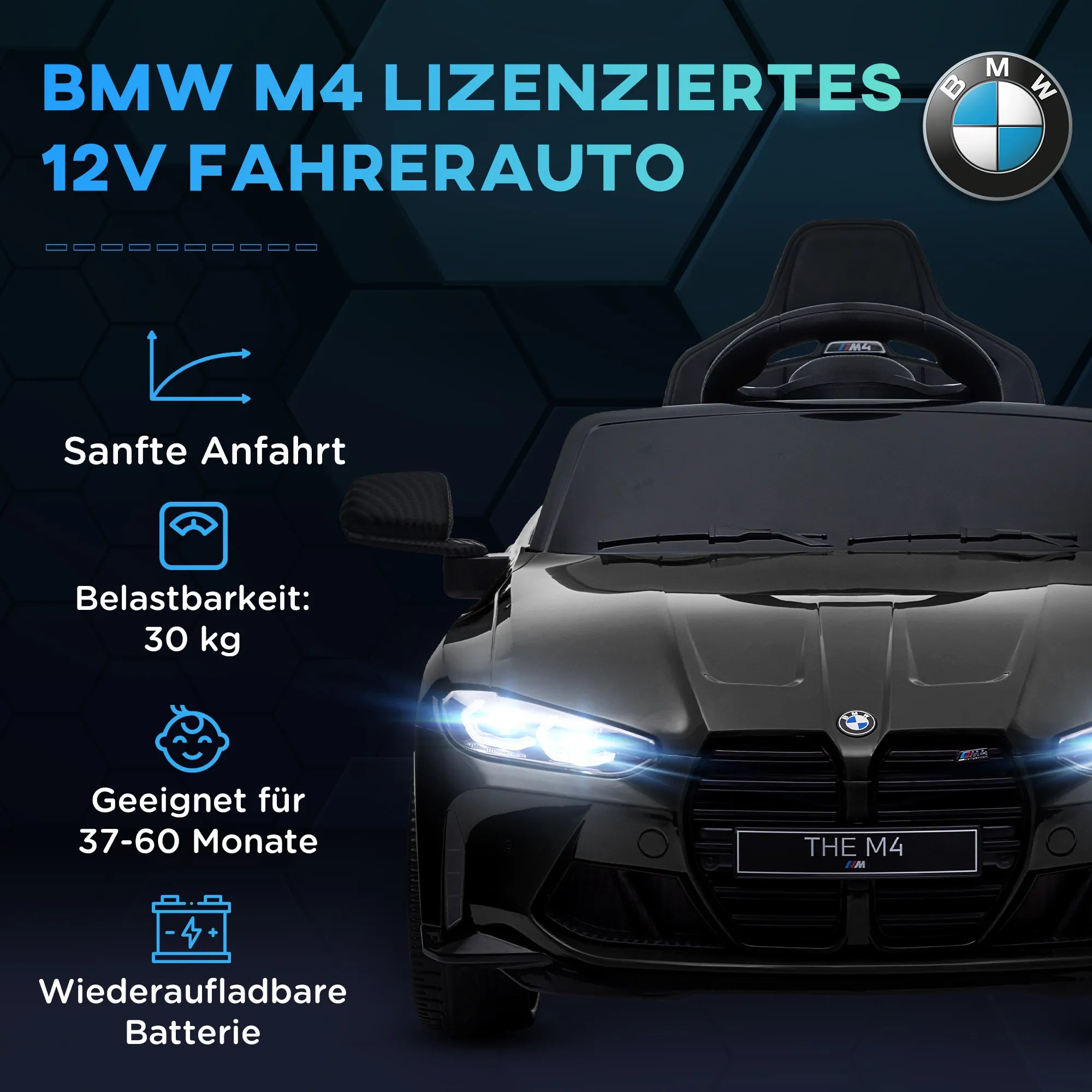 Vaikiškas elektromobilis BMW M4 su nuotolinio valdymo pulteliu, 3–5 metų vaikams, juodas