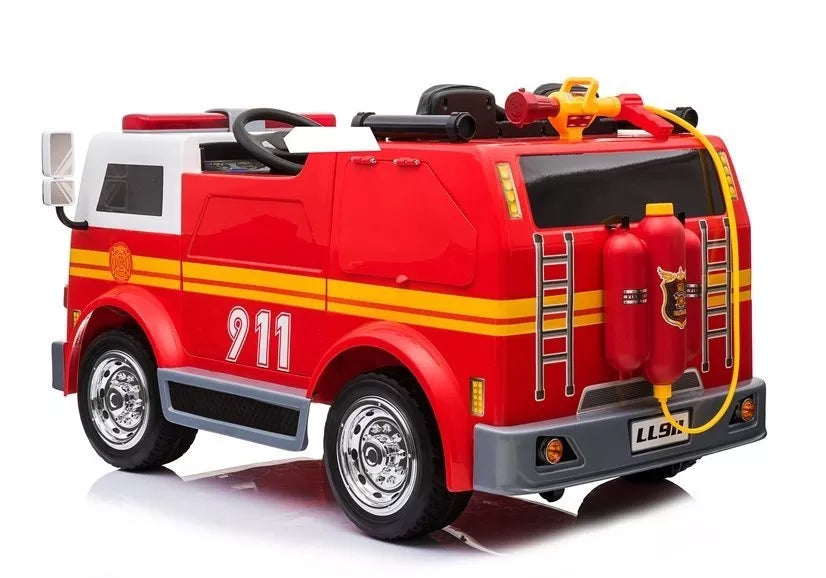 Vaikiškas elektromobilis Fire Truck, 12 V, su ekologiškos odos sėdyne, raudonas