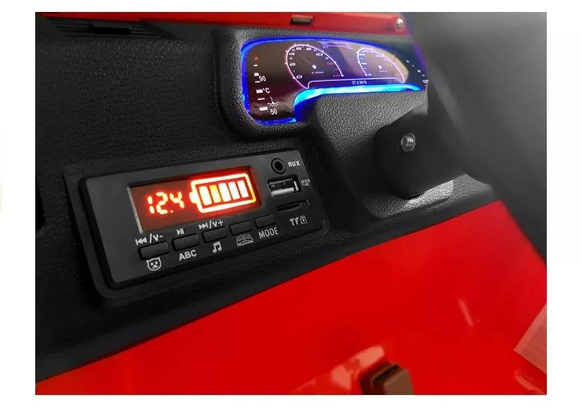 Vaikiškas elektromobilis Jeep, 12 V, 2 pavaros, su EVA ratais, eko odos sėdyne ir pulteliu, raudonas