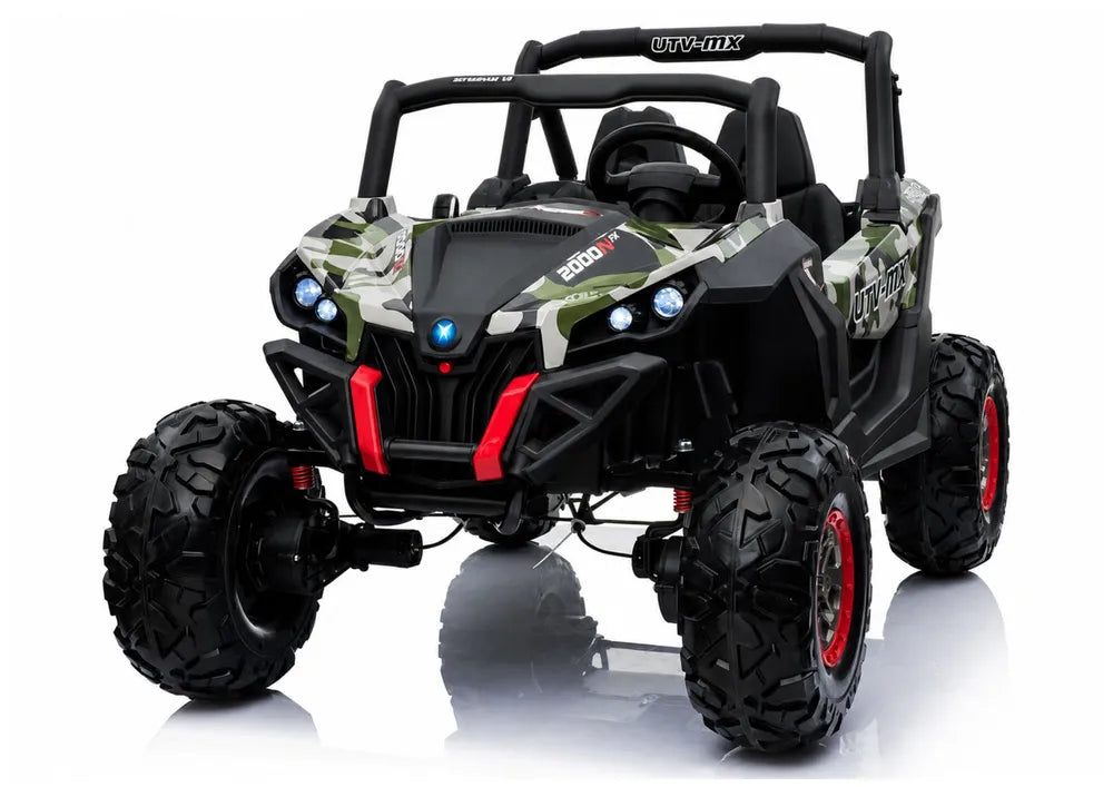 Vaikiškas elektromobilis Jeep, 24 V, 4x45 W, su eko-odos sėdyne, žalias kamufliažinis