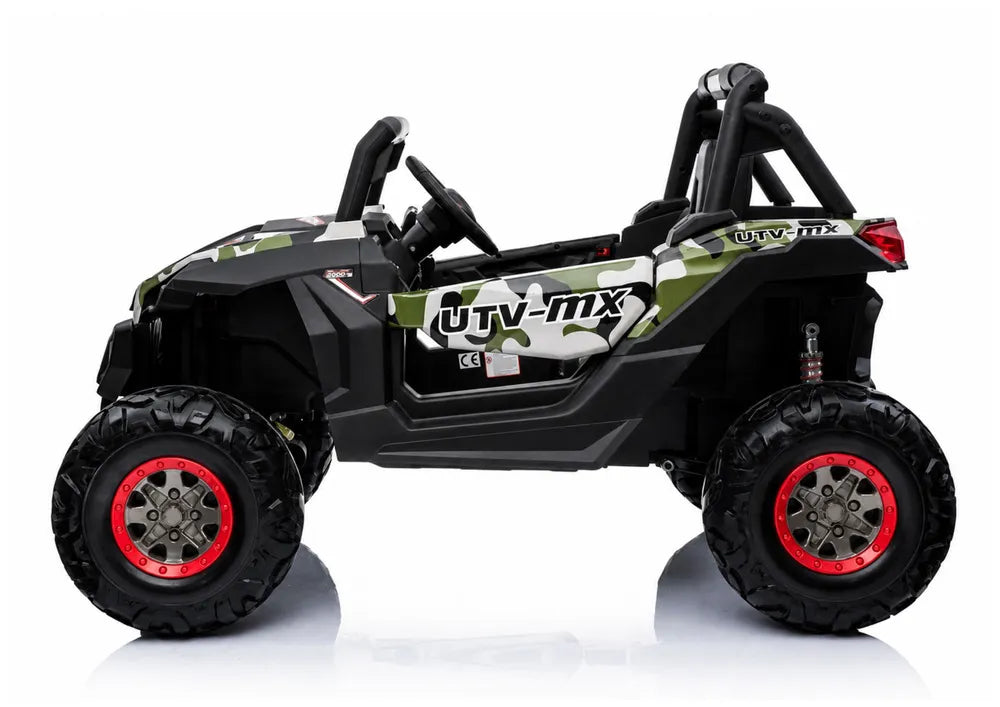 Vaikiškas elektromobilis Jeep, 24 V, 4x45 W, su eko-odos sėdyne, žalias kamufliažinis