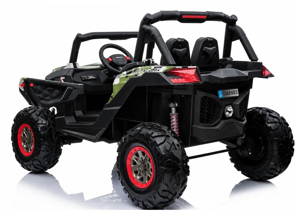 Vaikiškas elektromobilis Jeep, 24 V, 4x45 W, su eko-odos sėdyne, žalias kamufliažinis