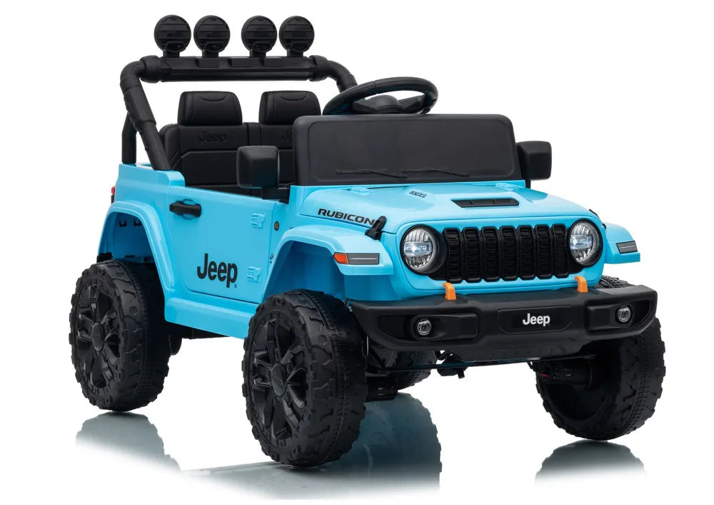 Vaikiškas elektromobilis Jeep, 24 V, su nuotolinio valdymo pultu, šviesomis, ekologiškos odos sėdyne, žydras