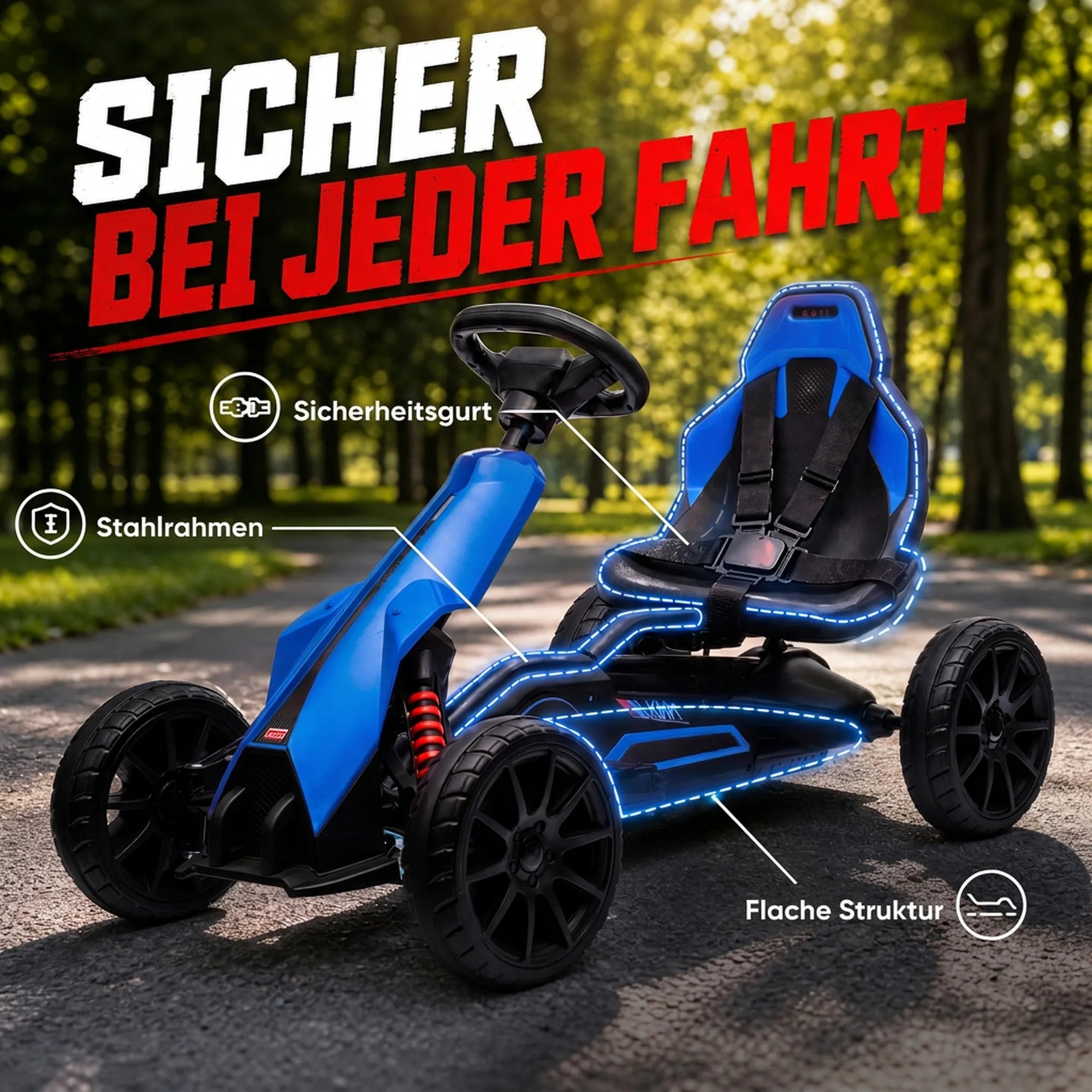 Vaikiškas elektromobilis kartingas su saugos diržu, 3–8 metų vaikams, mėlynas