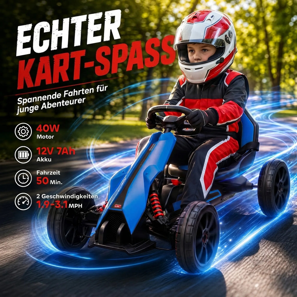 Vaikiškas elektromobilis kartingas su saugos diržu, 3–8 metų vaikams, mėlynas