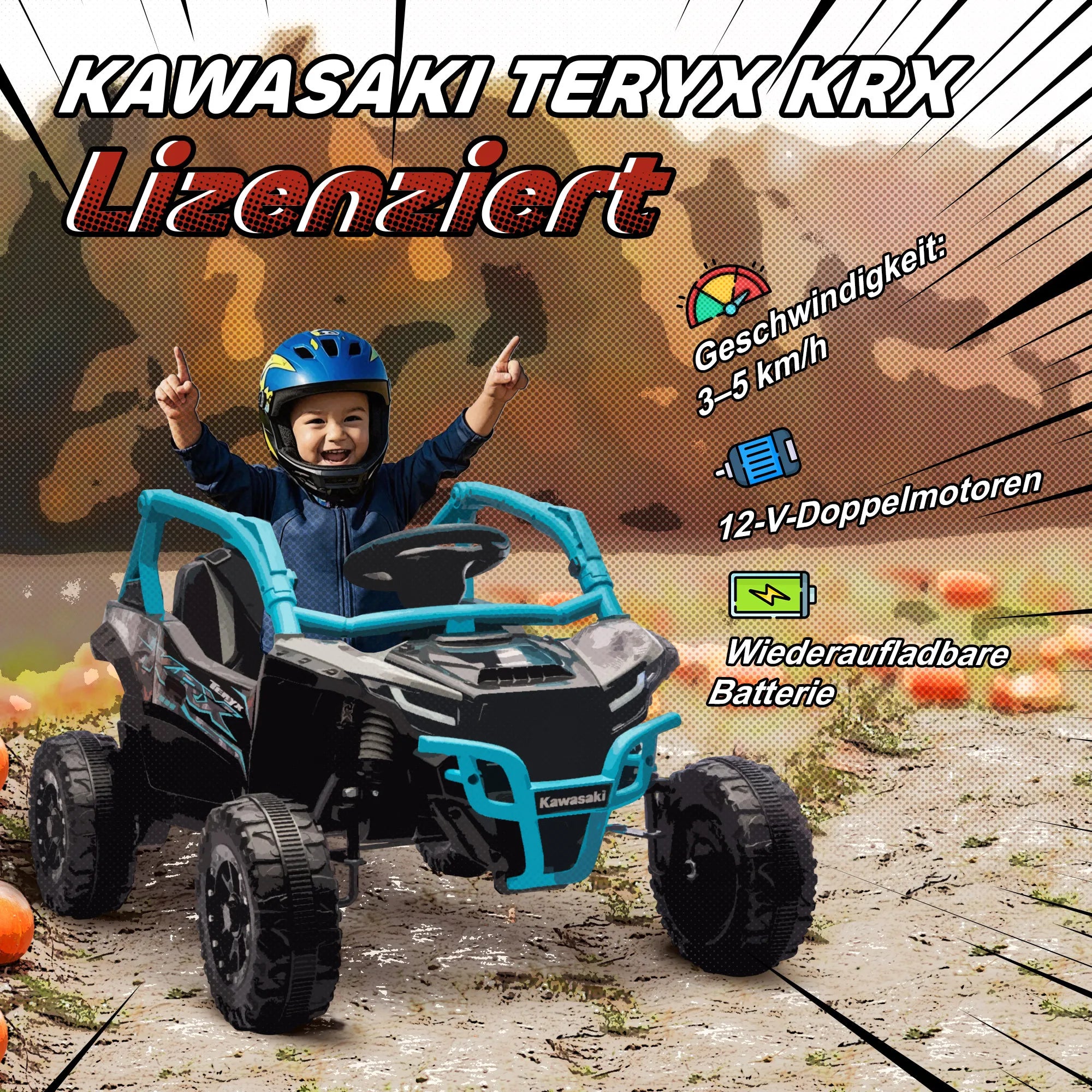 Vaikiškas elektromobilis Kawasaki Teryx KRX 1000, 12V, 3–5 metų vaikams, mėlynas