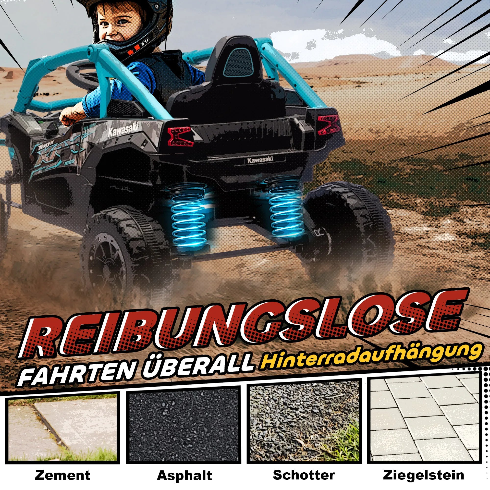 Vaikiškas elektromobilis Kawasaki Teryx KRX 1000, 12V, 3–5 metų vaikams, mėlynas