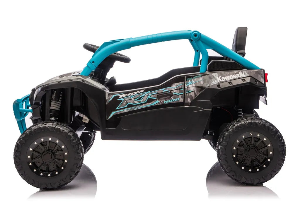 Vaikiškas elektromobilis Kawasaki Teryx KRX 1000, 24 V, su sėdynės diržais, juodas ir mėlynas