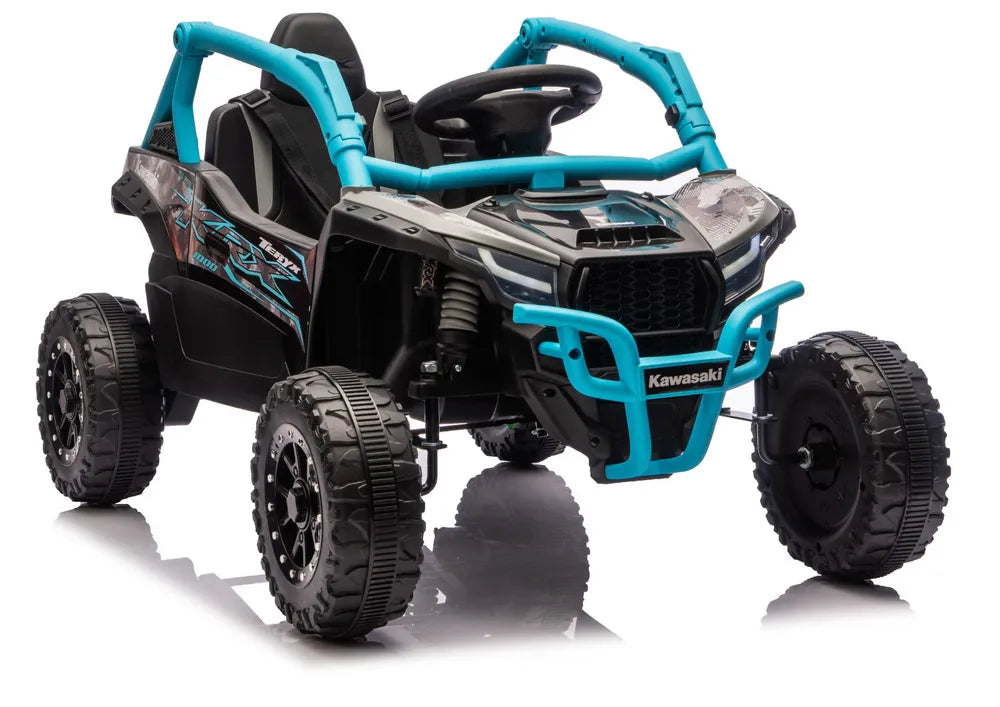 Vaikiškas elektromobilis Kawasaki Teryx KRX 1000, 24 V, su sėdynės diržais, juodas ir mėlynas