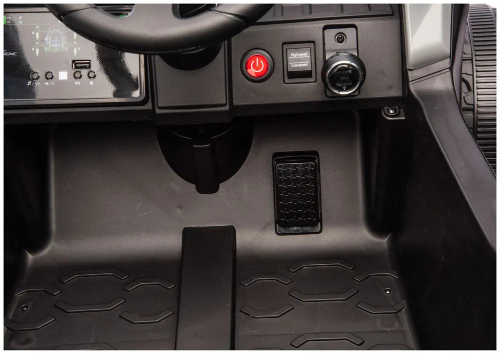 Vaikiškas elektromobilis Kawasaki Teryx KRX 1000, 24 V, su sėdynės diržais, juodas ir mėlynas