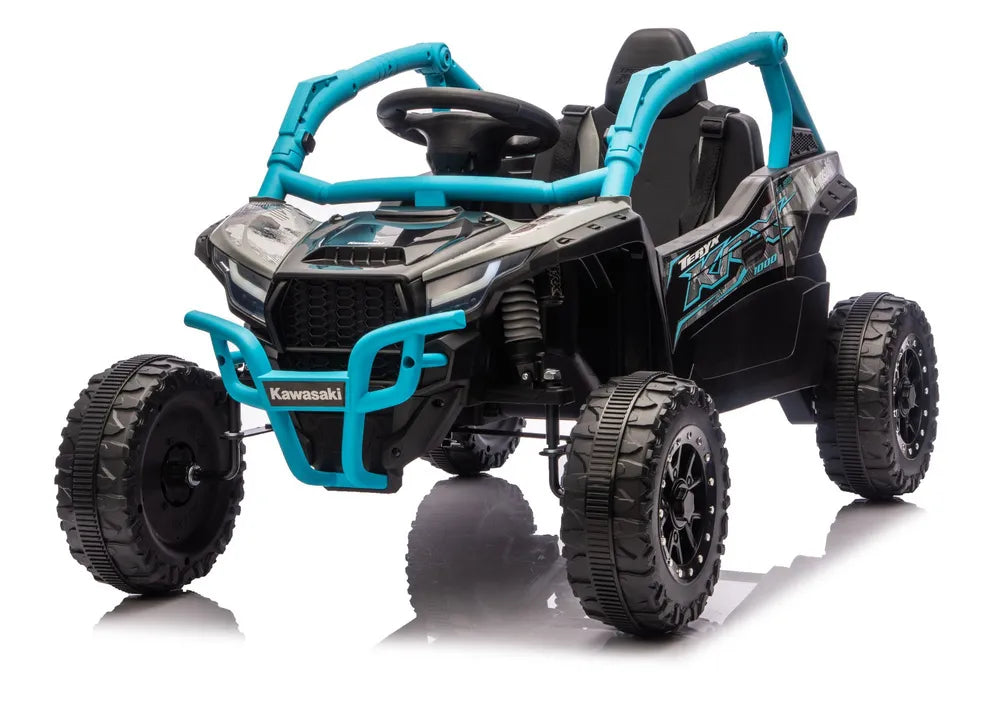 Vaikiškas elektromobilis Kawasaki Teryx KRX 1000, 24 V, su sėdynės diržais, juodas ir mėlynas